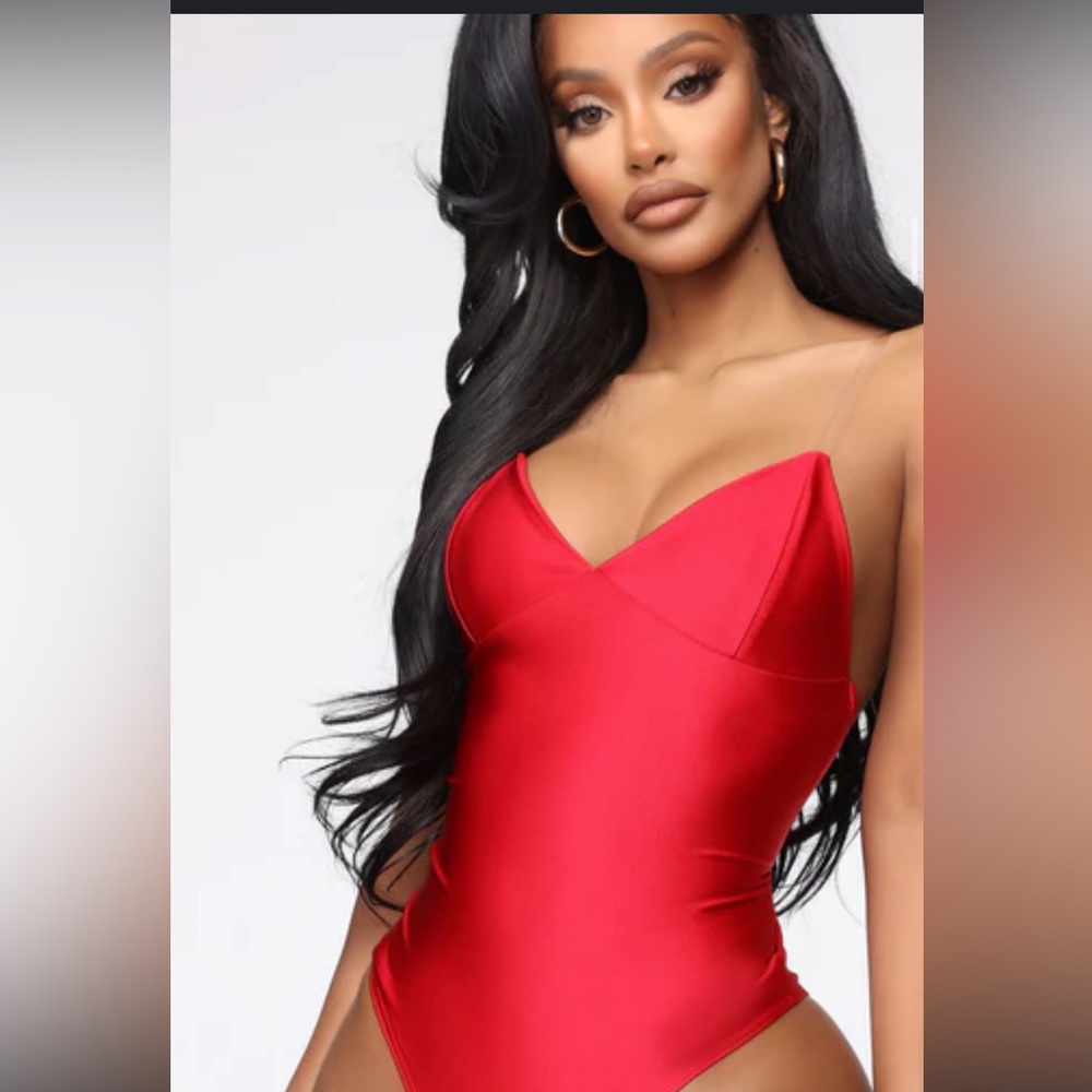 Red bodysuit with adjustable clear straps